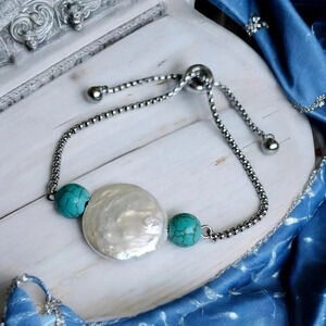 🆕️18K White Gold Plated Baroque Pearl & Turquoise Beaded Adjustable Bracelet